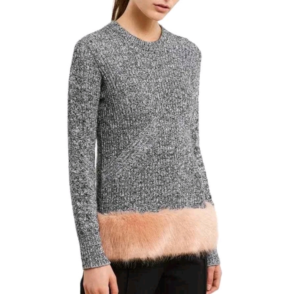 Opening Ceremony Gray Marled Crewneck Sweater with Blush Fur Hem